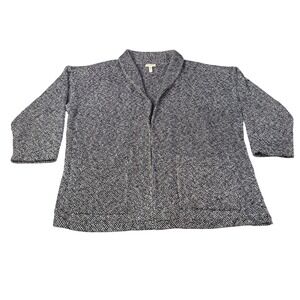 Eileen Fisher Womens Large Black White Knit Shawl Collar Open Front Cardigan L